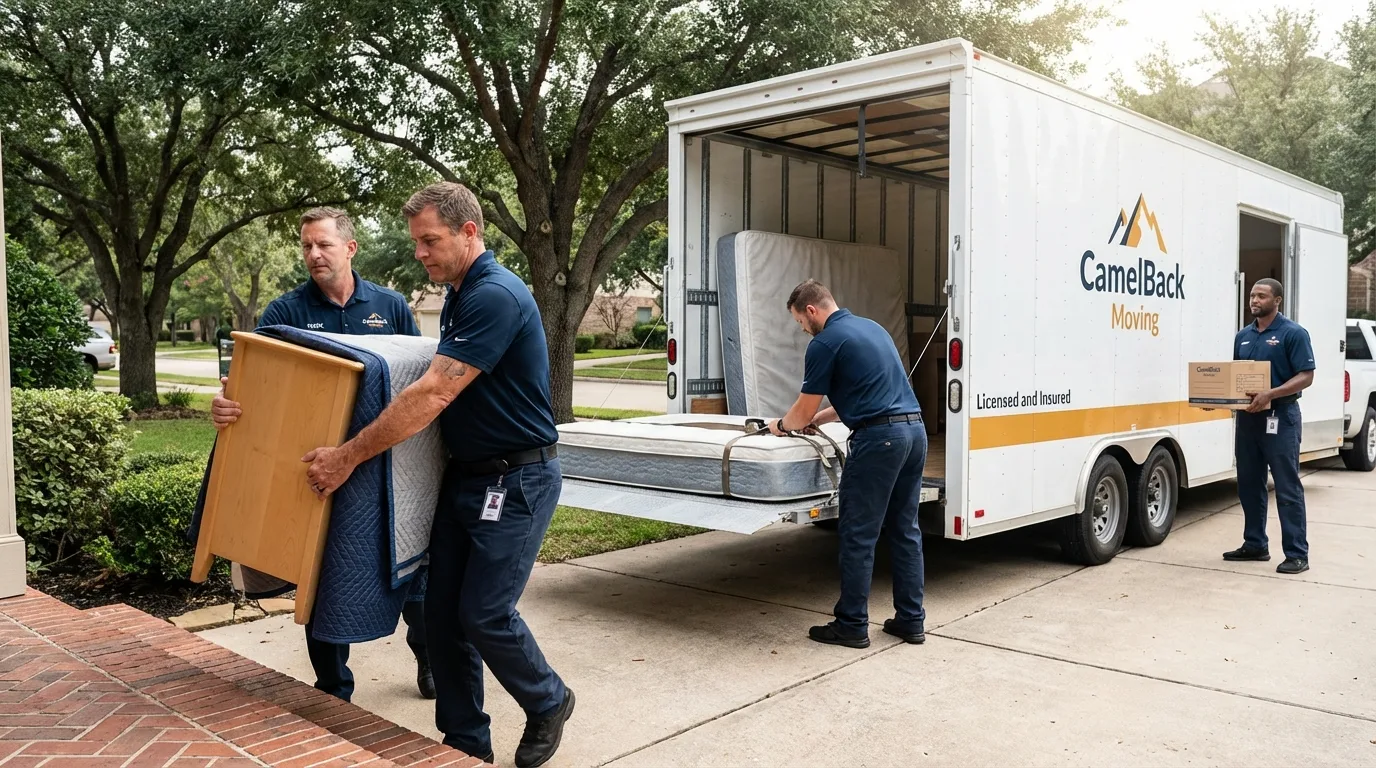 Crew loading residential truck for cross-state move from Hallettsville, TX