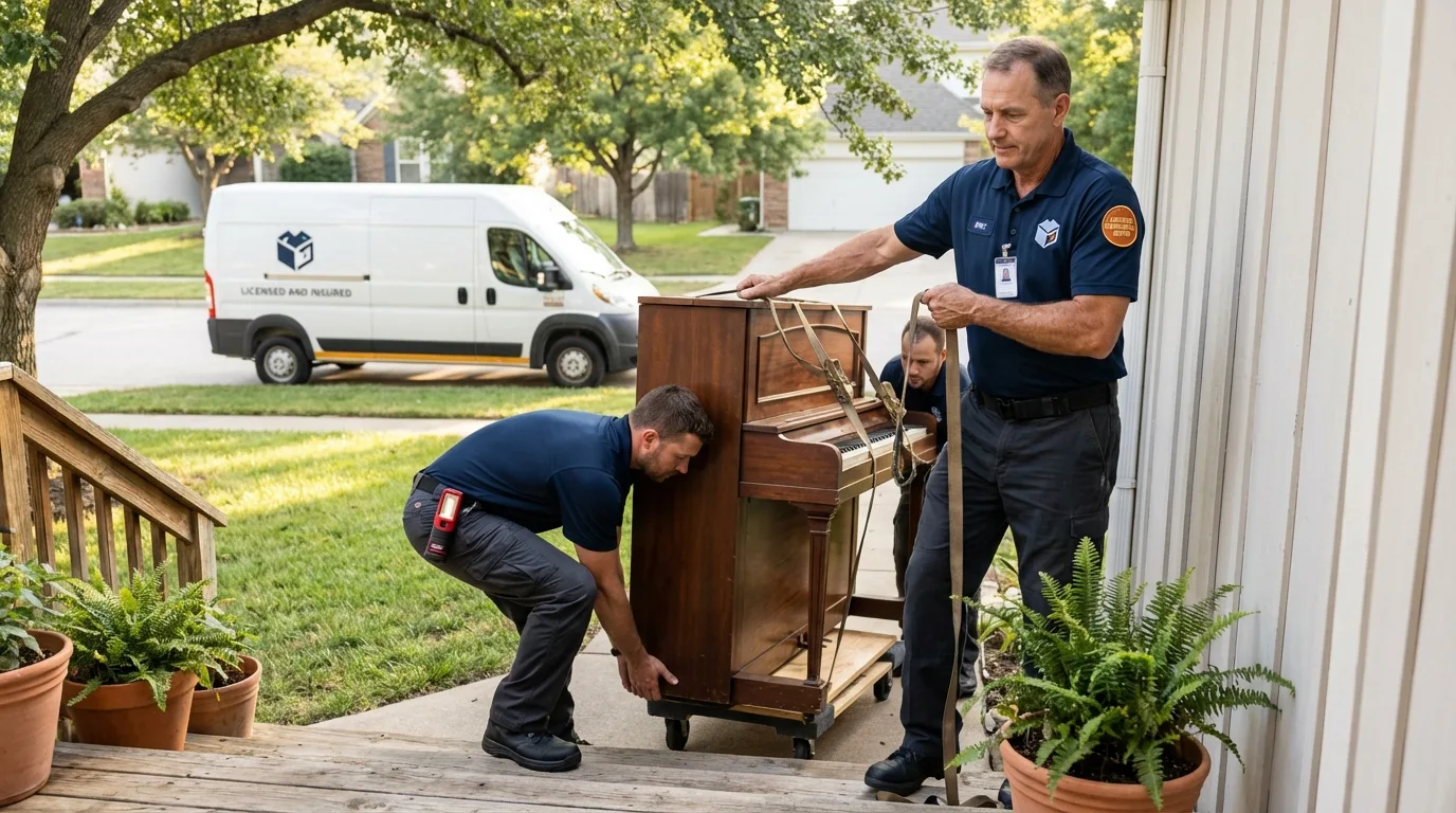 Licensed piano movers securing grand piano in Hallettsville, TX