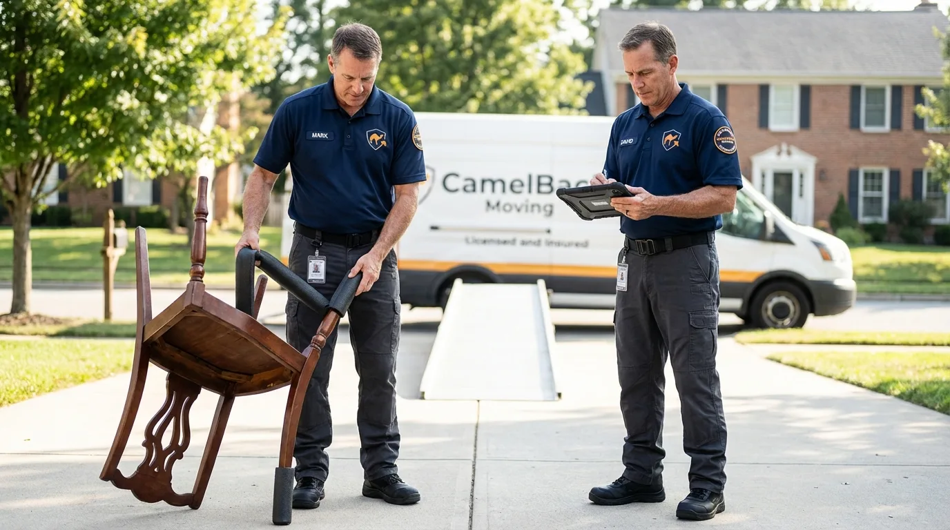 Movers inspecting furniture for damage prevention before loading in Hallettsville, TX